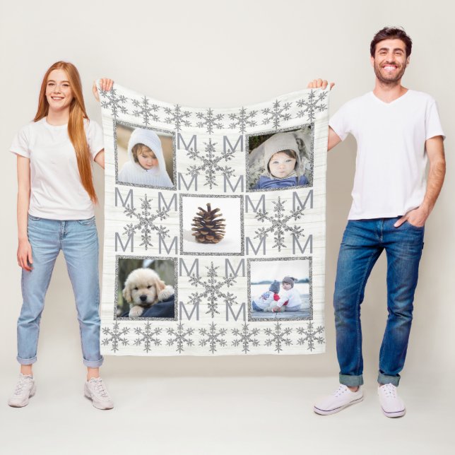 Silver Snowflake Optional Monogram 5 Photo Fleece Blanket (In Situ)