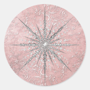 Silver snowflake pink elegant vintage winter  classic round sticker