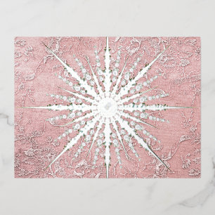 Silver snowflake pink elegant vintage winter   foil holiday postcard
