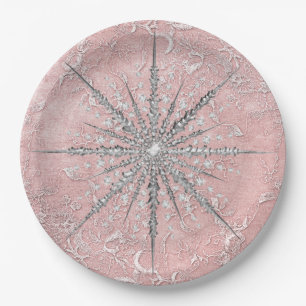 Silver snowflake pink elegant vintage winter  paper plate