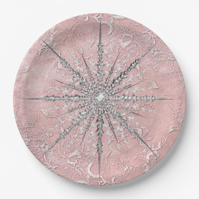 Silver snowflake pink elegant vintage winter  paper plate (Front)