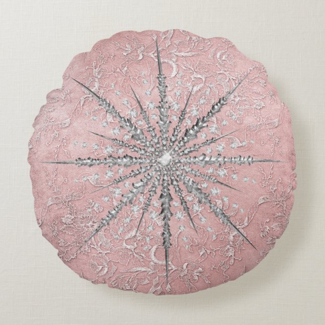 Silver snowflake pink elegant vintage winter  round pillow (Front)
