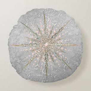 Silver snowflake pink elegant vintage winter  round pillow