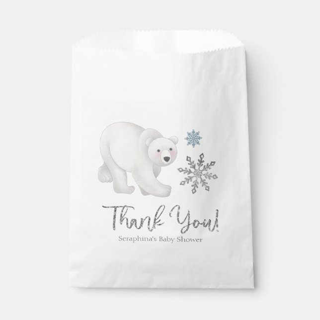 Silver Snowflake Polar Bear Baby Shower Thank You Favour Bag (Front)