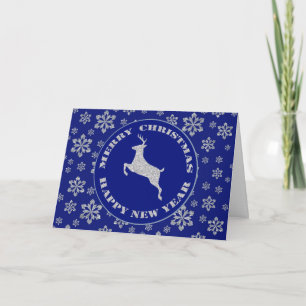Silver Snowflake Reindeer Blue Christmas Holiday Card