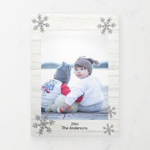 Silver Snowflake Rustic Christmas 3 Photo Tri-Fold Holiday Card