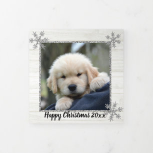 Silver Snowflake Rustic Christmas 4 Photo Tri-Fold Holiday Card