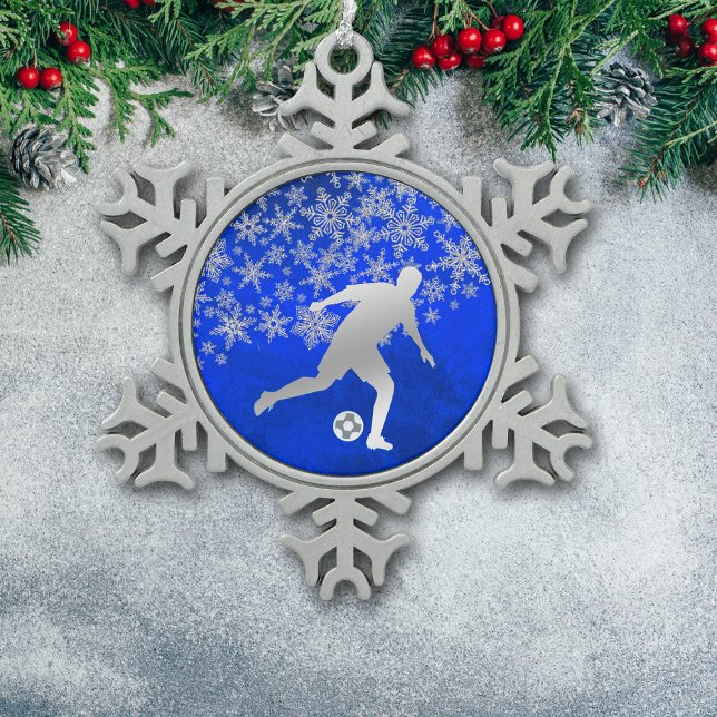Silver Snowflake Soccer Player on Blue Snowflake Pewter Christmas Ornament (Creator Uploaded)