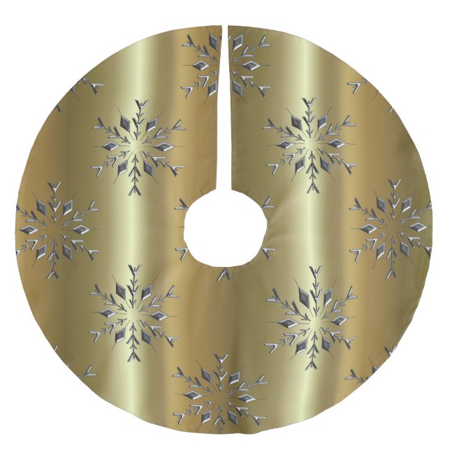Silver Snowflake Stars on Gold Brushed Polyester Tree Skirt (Front)