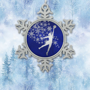 Silver Snowflake Volleyball Player on Blue Snowflake Pewter Christmas Ornament