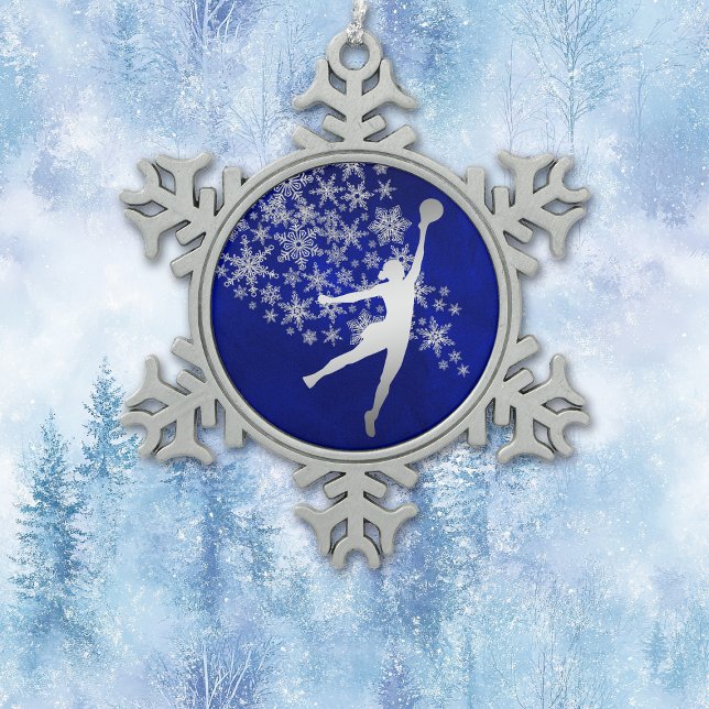 Silver Snowflake Volleyball Player on Blue Snowflake Pewter Christmas Ornament (Creator Uploaded)