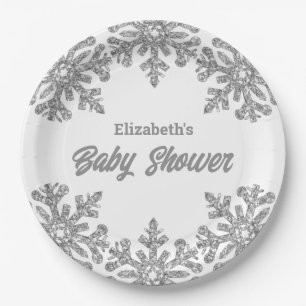 Silver Snowflake Winter Baby Shower Paper Plate