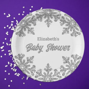 Silver Snowflake Winter Baby Shower Paper Plate