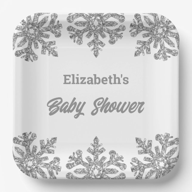 Silver Snowflake Winter Baby Shower Paper Plate (Front)