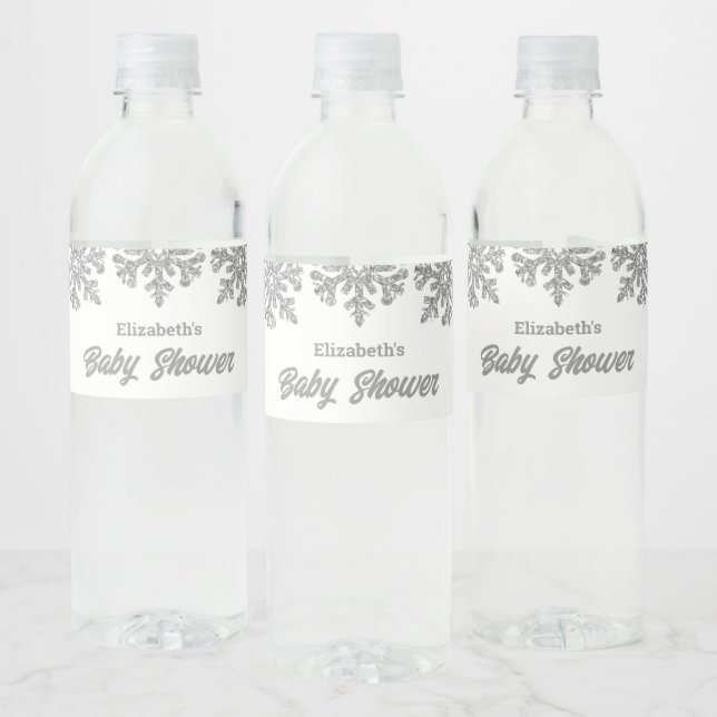 Silver Snowflake Winter Baby Shower Water Bottle Label (Bottles)