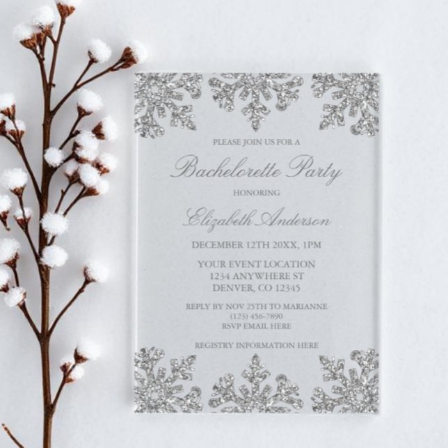 Silver Snowflake Winter Bachelorette Party Acrylic Invitations (Creator Uploaded)