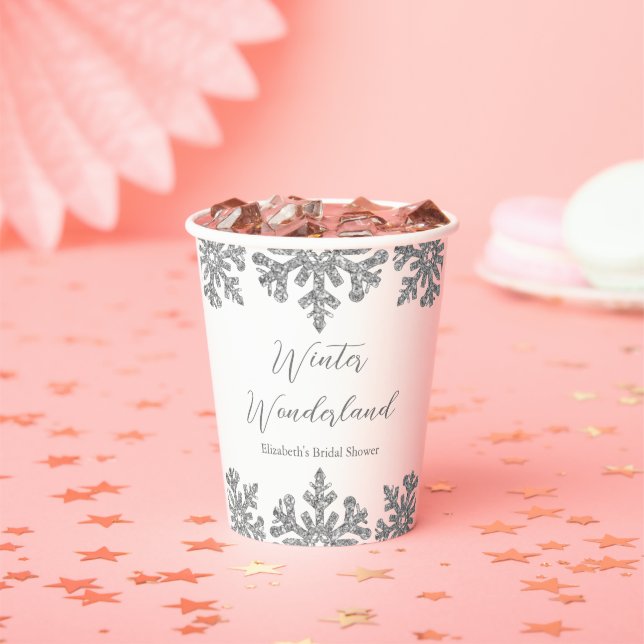 Silver Snowflake Winter Bridal Shower Paper Cups (Insitu)