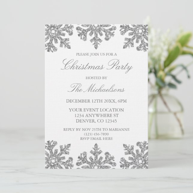 Silver Snowflake Winter Christmas Party Invitation (Standing Front)