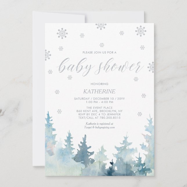 Silver | Snowflake Winter Forest Baby Shower Invitation (Front)