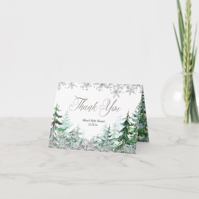 Silver Snowflake Winter Forest Thank You Card (Front)