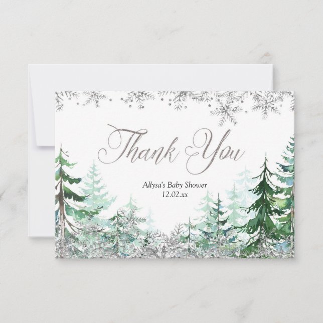 Silver Snowflake Winter Forest Thank You Card (Front)
