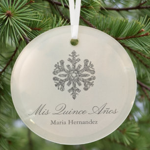 Silver Snowflake Winter Quinceanera Glass Ornament