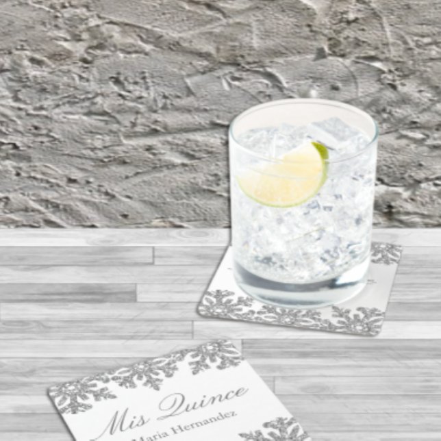 Silver Snowflake Winter Quinceanera Square Paper Coaster (Creator Uploaded)