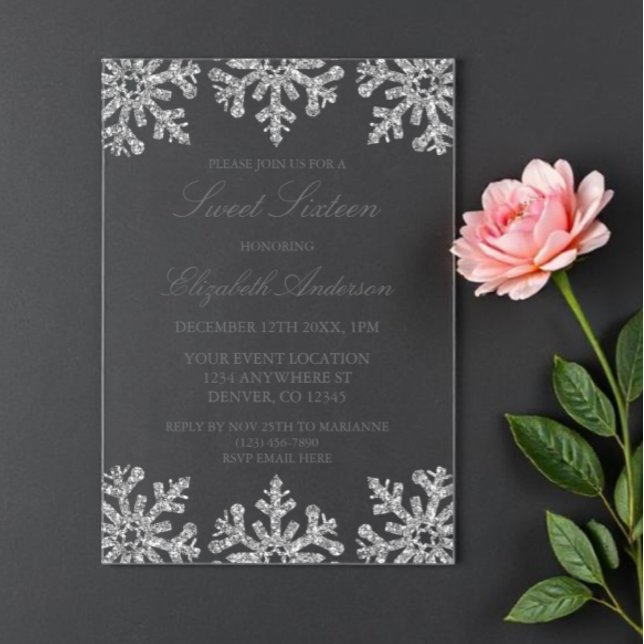 Silver Snowflake Winter Sweet 16 Acrylic Invitations (Creator Uploaded)