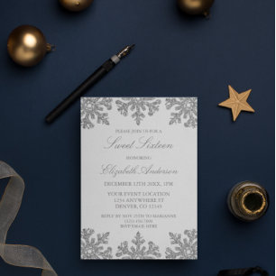 Silver Snowflake Winter Sweet 16 Invitation