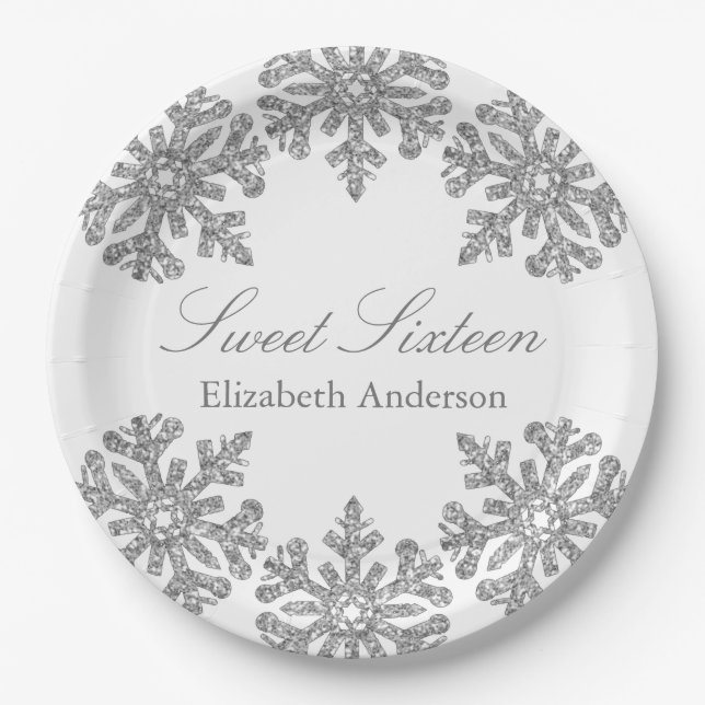Silver Snowflake Winter Sweet 16 Paper Plate (Front)
