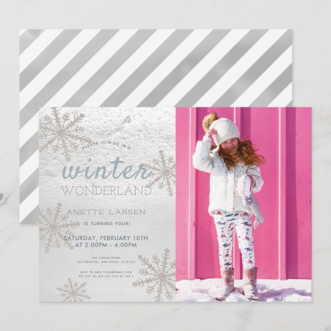 Silver Snowflake Winter Wonderland Photo Birthday Invitation (Front/Back)