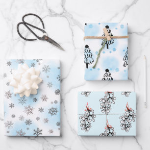 Silver Snowflakes and mistletoe with blue  Wrapping Paper Sheet