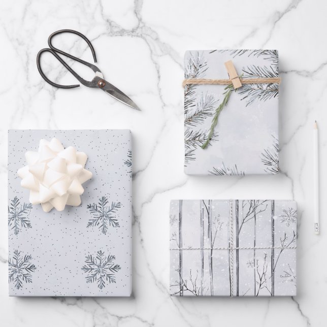 Silver Snowflakes Christmas Tree Branches Wrapping Paper Sheet (Front)