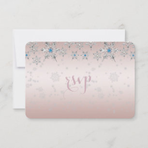 Silver Snowflakes Crystal Pearl Pink Wedding RSVP Card