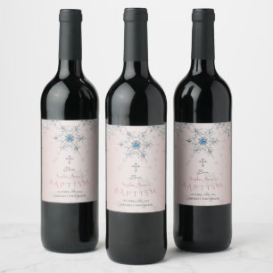 Silver Snowflakes Crystals Blue Pearl Pink Baptism Wine Label