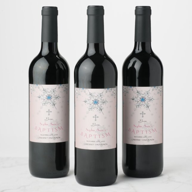 Silver Snowflakes Crystals Blue Pearl Pink Baptism Wine Label (Bottles)