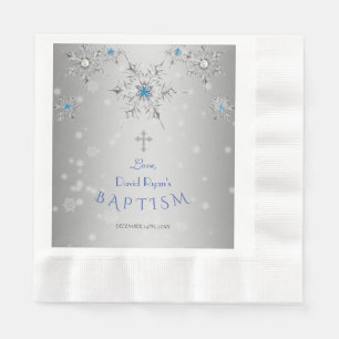Silver Snowflakes Crystals Pearls Grey Boy Baptism Napkin