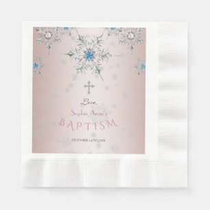 Silver Snowflakes Crystals Pink Pearls Baptism Napkin