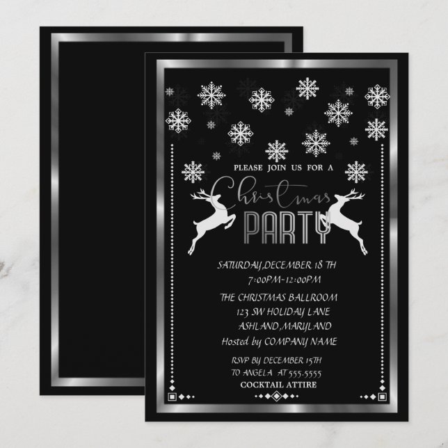 Silver Snowflakes,Deer Company Christmas Party Invitation (Front/Back)