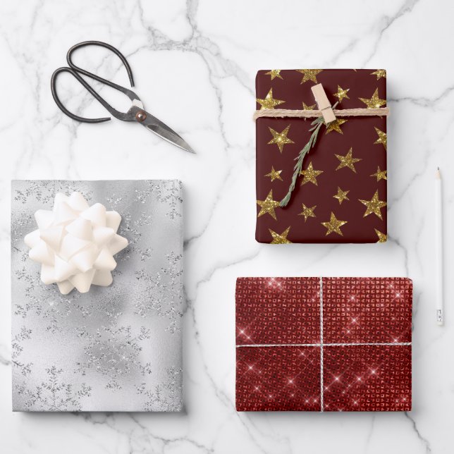 Silver Snowflakes Gold Stars Red Christmas Wrapping Paper Sheet (Front)