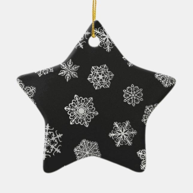 Silver snowflakes on a black background ceramic ornament (Front)