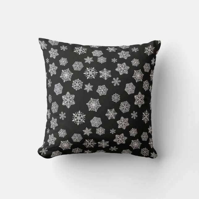 Silver snowflakes on a black background throw pillow (Front)