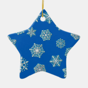 Silver snowflakes on a cobalt blue background ceramic ornament