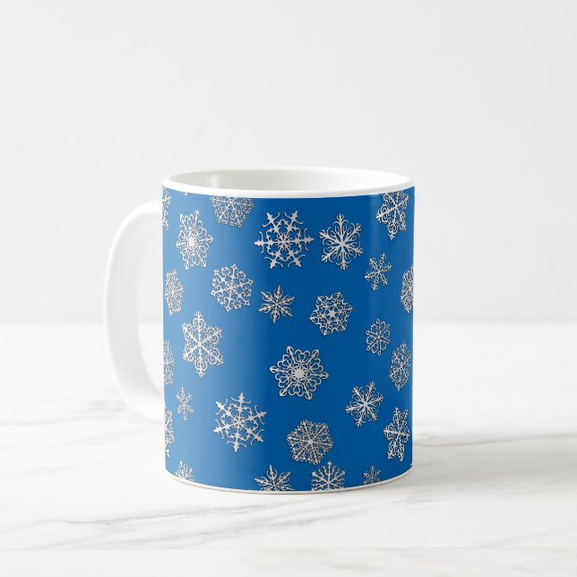 Silver snowflakes on a cobalt blue background coffee mug (Front Left)