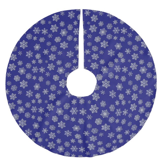 Silver snowflakes on a dark blue background brushed polyester tree skirt (Front)