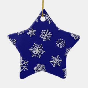 Silver snowflakes on a dark blue background ceramic ornament