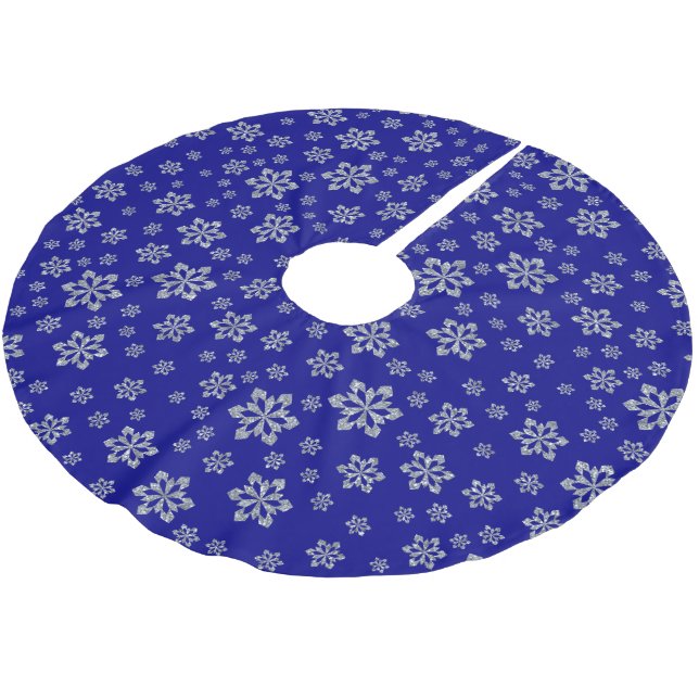 Silver Snowflakes on Blue Brushed Polyester Tree Skirt (Angled)