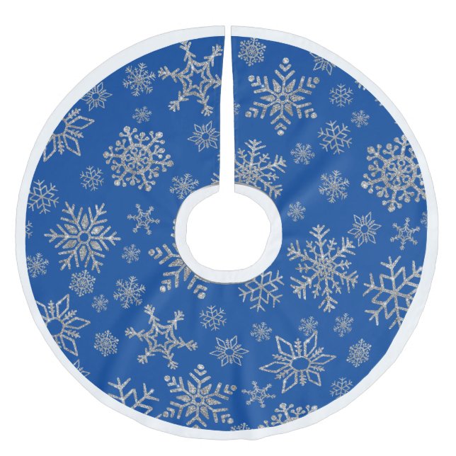 Silver Snowflakes on Blue Christmas Brushed Polyester Tree Skirt (Front)