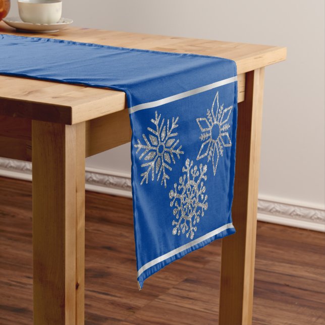 Silver Snowflakes on Blue Holiday Short Table Runner (In Situ)