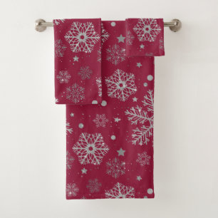 Silver snowflakes on dark red bath towel set